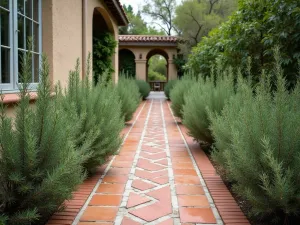 Terra Cotta Tile Border - Normal view of a Mediterranean-style path with terra cotta tile edging and rosemary plants spilling over