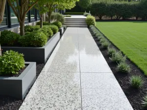 Terrazzo Style Path - Modern path made from large-format terrazzo-style pavers with recycled glass aggregate, bordered by contemporary steel planters