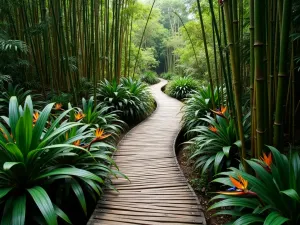 Tropical Bamboo Path - Aerial view of a curved wooden boardwalk path through tropical bamboo grove, with colorful bromeliads and bird of paradise plants