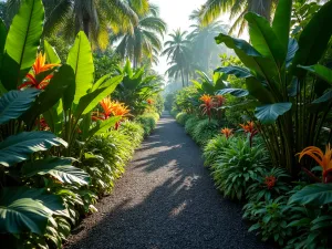 Tropical Gravel Path - Lush tropical garden path with dark volcanic gravel, bordered by huge-leaved plants and colorful tropical flowers, photographed in morning light