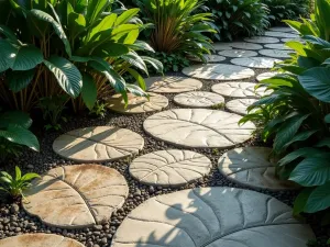 Tropical Leaf Prints - Wide view of large-format stepping stones with tropical leaf patterns pressed in, surrounded by exotic foliage