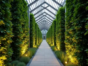 Vertical Garden Path - Narrow path between tall modern green walls, with integrated lighting and geometric metal overhead pergola