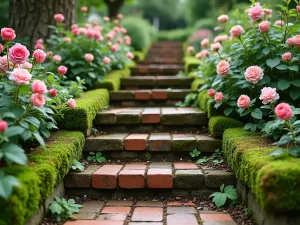 Vintage Brick Steps - Close-up of worn brick garden steps with moss-covered edges, flanked by climbing roses and hardy geraniums, creating a romantic cottage garden feel