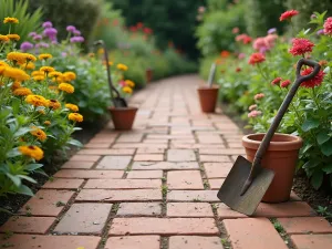 Vintage Cottage Path - Close-up of a path made from vintage brick patterns, with old garden tools and terracotta pots as decorative elements, surrounded by traditional cottage flowers