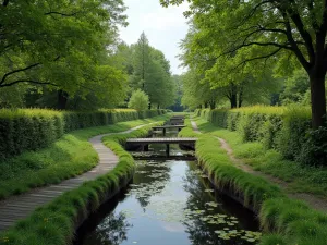 Water Channel Path - A unique path with a narrow water channel running alongside it, crossed by small wooden bridges, wide angle view