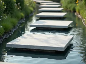 Minimalist Water Path - Series of large square concrete stepping stones appearing to float on a shallow water channel, modern design with clean lines