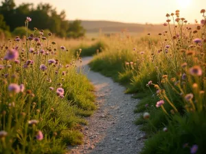 Wildflower Meadow Path - Natural-looking crushed stone path cutting through a wildflower meadow, with native flowers swaying in the breeze, shot during golden hour