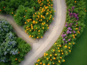 Wildflower Path Edge - Aerial shot of a meandering path with natural wildflower borders creating a colorful, informal edge