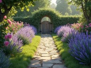 Winding Cottage Path with Lavender - A winding flagstone garden path through a cottage garden, bordered by blooming lavender and pink roses, with a rustic wooden gate in the distance, soft morning light, photorealistic