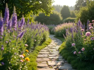 Winding Stone Path Through Cottage Garden - A charming winding garden path made of natural flagstone, bordered by lavender and catmint, leading through a cottage garden with roses and foxgloves in soft evening light