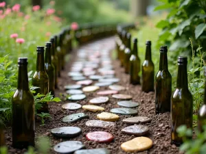 Wine Bottle Path - An eclectic path made from recycled wine bottles buried upright, creating a colorful border effect, close-up view