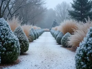 Winter Gravel Path - Snow-dusted gravel path with evergreen borders and ornamental grasses catching frost, creating a magical winter scene