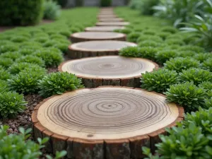 Rustic Wood Slice Path - Close-up view of weathered wood slice stepping stones embedded in creeping thyme, creating a rustic cottage garden path