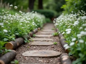 Wooden Log Path Border - Close-up of a rustic garden path edged with half-buried wooden logs, surrounded by white flowering ground cover