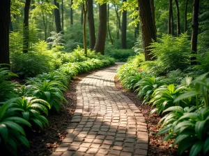 Woodland Brick Trail - Natural-looking brick path winding through a woodland garden setting, with ferns and hostas lining the edges, captured in dappled sunlight