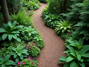 Woodland Cottage Path - Aerial shot of a mulch path winding through shade-loving cottage garden plants, with ferns, hostas, and bleeding hearts creating a lush woodland feel