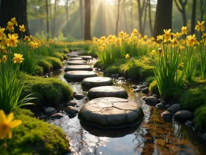 Woodland Creek Crossing - Natural stone stepping stones crossing a small woodland stream, surrounded by yellow flag iris and marsh marigolds, morning light streaming through trees