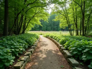 Woodland Edge Trail - Wide-angle view of path transitioning from woodland to meadow, showing gradient of shade to sun-loving plants, natural stone edging