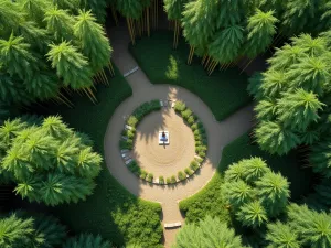 Woodland Meditation Path - Aerial view of circular woodland path surrounded by bamboo and Japanese forest grass, creating a natural meditation space