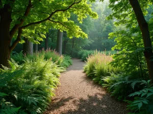 Woodland Mulch Path - A natural bark mulch path winding through a shaded woodland garden, lined with ferns, hostas, and flowering astilbe, dappled sunlight filtering through tree canopy