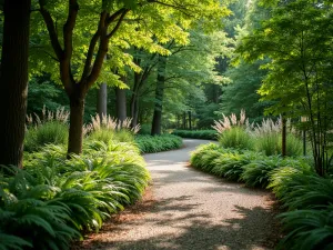 Woodland Pea Gravel Path - A natural-looking pea gravel path winding through shade-loving ferns and hostas, with dappled sunlight creating patterns through tree canopy above