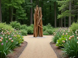 Woodland Sculpture Path - Natural mulch path leading to wooden sculpture, bordered by native woodland plants and naturalized bulbs, creating focal point