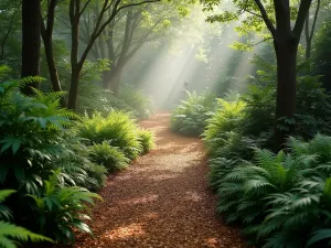 Woodland Serpentine Path - A narrow, serpentine path made of wood chips winding through a shaded woodland garden, lined with ferns and hostas, captured in early morning mist