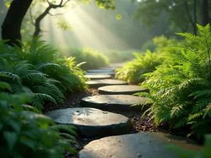 Woodland Shade Path - Close-up of dappled shade path with large stepping stones through Japanese forest grass and painted ferns, mood morning mist