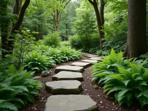 Woodland Stone Trail - Natural stone stepping stones meandering through a shaded woodland garden, surrounded by ferns and hostas