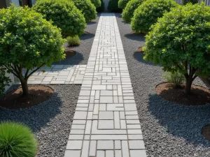 Zen Garden Brick Path - Aerial view of a minimalist brick path with clean lines, surrounded by raked gravel and cloud-pruned Japanese holly, creating a contemporary Asian-inspired design