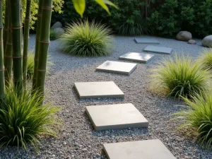 Zen Garden Squares - Square concrete stepping stones arranged in an offset pattern through raked gravel, with bamboo and ornamental grasses, shot from above