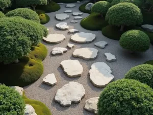 Zen Garden Stone Path - Aerial view of irregularly shaped natural stone slabs set in raked gravel, surrounded by cloud-pruned Japanese holly and moss gardens