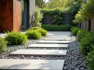 Zen Industrial Path - Close-up of Corten steel and polished concrete path with zen-inspired gravel sections, modern water feature alongside