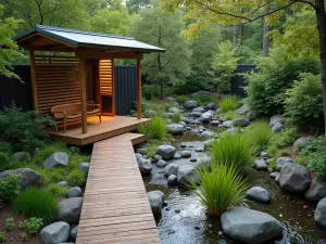 Zen Rain Garden Path - Aerial view of covered wooden walkway alongside a rain garden with carefully placed rocks and sedges, creating meditation space