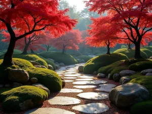 Zen Stone Path Through Maple Garden - A winding Japanese garden path made of large flat stones surrounded by vibrant Japanese maple trees, with moss growing between stones. Early morning light filters through the red leaves creating a peaceful atmosphere