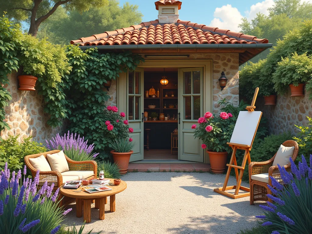 Artistic Haven Garden Studio - A charming garden art studio pavilion with french doors and windows, surrounded by a pea gravel courtyard, bathed in warm afternoon light. Flowering lavender, salvias, and ornamental grasses sway gently around the borders. An artist's easel is positioned near comfortable rattan seating, with scattered art supplies on a rustic wooden table. Climbing roses adorn the studio walls, while potted herbs and flowers create a Mediterranean atmosphere. The scene has a dreamy, plein-air painting quality with soft natural lighting and artistic composition.