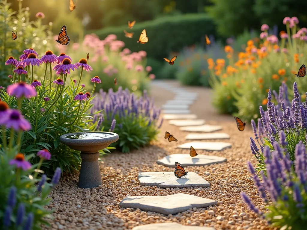 Enchanting Butterfly Garden Path - A serene garden pathway made of light golden pea gravel meandering through clusters of colorful butterfly-attracting flowers, including purple coneflowers, bright orange lantana, and pink butterfly bush. Soft afternoon sunlight filters through the scene, highlighting a small decorative birdbath with gently rippling water and several flat, weathered granite stones placed strategically along the path. Several monarch and swallowtail butterflies hover above the flowers, while one rests on a sun-warmed stone. The path curves gracefully into the distance, bordered by lavender and salvia, creating a dreamy, cottage garden atmosphere.