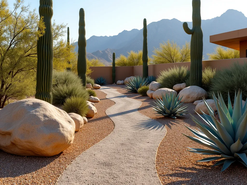 Modern Desert Xeriscape with Multi-Toned Pea Gravel - A stunning desert xeriscape garden featuring layers of honey-colored and white pea gravel creating flowing zones, artistic placement of large weathered desert boulders, majestic blue agave plants, golden barrel cacti clusters, and tall architectural yucca plants. Dramatic afternoon lighting casts long shadows across the textured gravel surface, while desert mountains fade into the background. Professional landscape photography perspective, high resolution, hyperrealistic detail, soft warm desert lighting