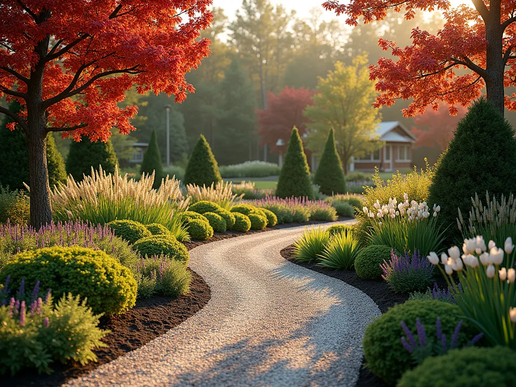 Four-Season Garden Path - A winding pea gravel garden path through an enchanting landscape garden, captured in golden afternoon light. The path is bordered by winterberry holly with bright red berries, flowering dogwood trees showing autumn colors, tall ornamental grasses, and patches of spring tulips and daffodils in bloom. The garden features layered plantings with evergreen shrubs, perennial flowers in purples and whites, and Japanese maples with burgundy foliage. Photorealistic, high detail, professional garden photography style.