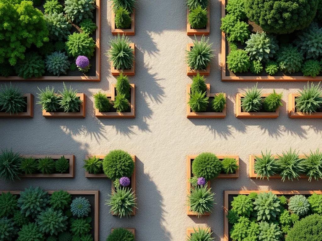 Geometric Herb Garden with Pea Gravel Pathways - A stunning aerial view of a formal herb garden featuring symmetrical raised wooden beds arranged in a geometric grid pattern, connected by neat pea gravel pathways. The raised beds burst with various herbs in different shades of green and purple, including lavender, sage, thyme, and rosemary. The light-colored pea gravel creates clean, crisp lines between the beds, with morning sunlight casting gentle shadows across the pattern. The overall design suggests a modern interpretation of a French formal garden, with the rustic charm of natural materials. Photorealistic, high detail, architectural photography style.