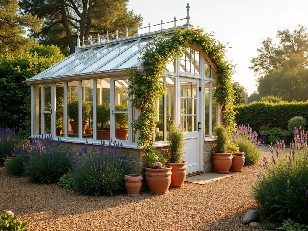 Charming Greenhouse with Pea Gravel Surround - A charming Victorian-style glass greenhouse surrounded by neat pea gravel paths and borders, photographed during golden hour. Various terracotta pots with blooming lavender and rosemary line the gravel path. The greenhouse features white-painted framework and clear glass panels, with climbing roses on one corner. The pea gravel is a warm honey color and appears well-maintained, creating a clean, organized appearance. Several vintage-style garden containers and Mediterranean plants are artfully arranged on the gravel, creating an elegant, cottage garden aesthetic. Soft, natural lighting creates subtle shadows across the scene, hyperrealistic, architectural photography style.