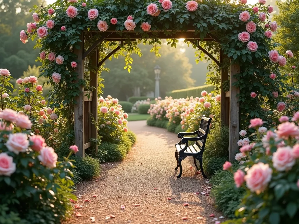 Heritage Rose Garden with Pea Gravel Pathways - A romantic garden scene with winding pea gravel pathways leading through beds of blooming heritage roses in soft pinks and creams. A weathered wooden arbor covered in climbing roses frames the path, while a vintage wrought-iron bench sits beneath it. Dappled sunlight filters through the roses, creating a dreamy atmosphere. The well-maintained pea gravel paths contrast beautifully with the lush rose gardens on either side. In the foreground, David Austin roses and antique varieties bloom profusely, their petals scattered on the gravel. The scene is captured during golden hour, lending a romantic, ethereal quality to the garden. Photorealistic, high detail, garden photography style.