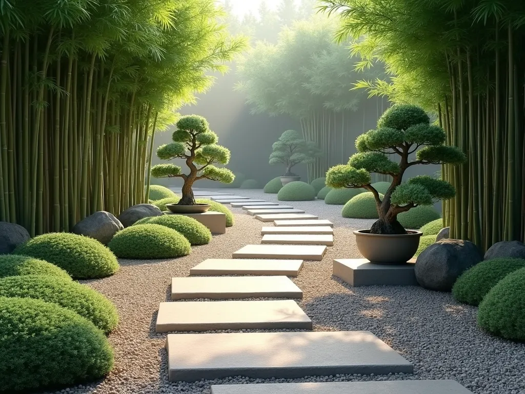 Serene Japanese Zen Garden Path - A peaceful Japanese garden path with light beige pea gravel base, featuring large rectangular slate stepping stones arranged in an elegant offset pattern. The path is bordered by lush green bamboo stalks swaying gently on one side and ornamental Japanese forest grass (Hakonechloa) on the other. Several perfectly manicured bonsai trees in traditional ceramic pots are thoughtfully placed along the journey. Early morning mist and soft natural lighting create a tranquil atmosphere, with subtle shadows cast across the gravel. Photorealistic, 4K, architectural photography style.