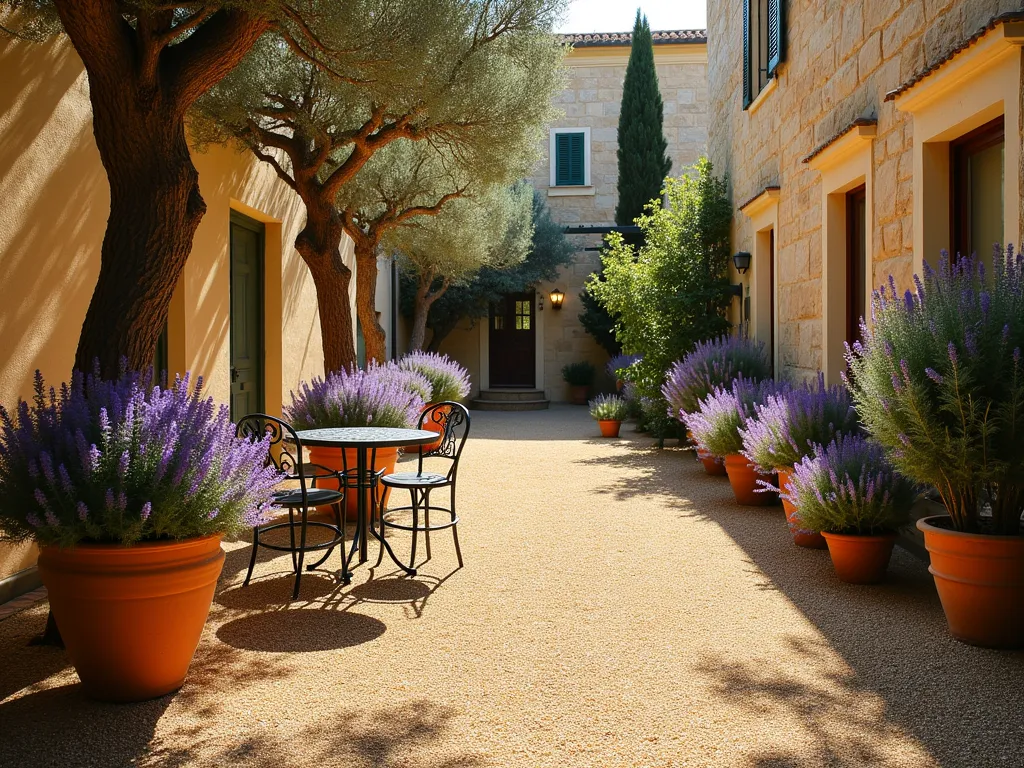 Mediterranean Pea Gravel Courtyard - A sun-drenched Mediterranean courtyard garden with golden-hued pea gravel pathways, featuring mature olive trees casting dappled shadows. Large terracotta pots filled with blooming lavender line the space, their purple flowers contrasting against weathered stone walls. An elegant wrought iron bistro set sits in the foreground, while Mediterranean cypress trees add vertical interest in the background. The warm evening sunlight bathes the scene, creating a romantic, provincial atmosphere. Architectural photography style, high resolution, detailed textures.