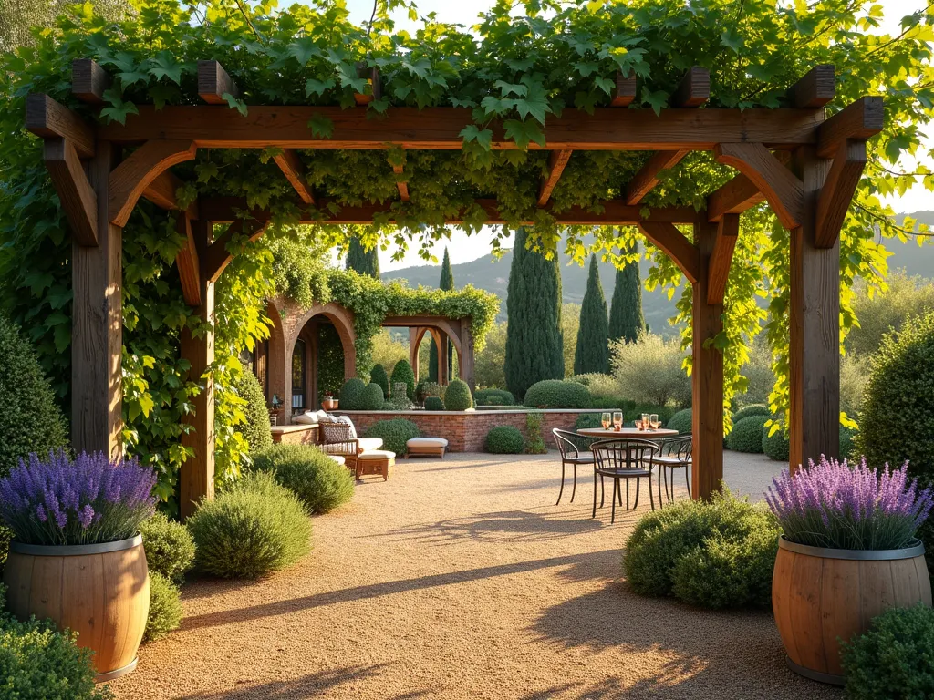 Mediterranean Wine Country Garden Retreat - Stunning garden scene with golden pea gravel pathways winding through a Mediterranean-style outdoor space. A weathered wooden grape arbor overhead drapes with lush grapevines, casting dappled shadows on the gravel below. Rustic oak wine barrel planters overflow with lavender and rosemary. A comfortable outdoor seating area features elegant wrought iron chairs and a small table, perfect for wine tasting. Olive trees and cypress provide vertical interest, while flowering Mediterranean plants add bursts of color. Warm evening sunlight creates a romantic Napa Valley atmosphere, photorealistic, high-end landscape design, 4k