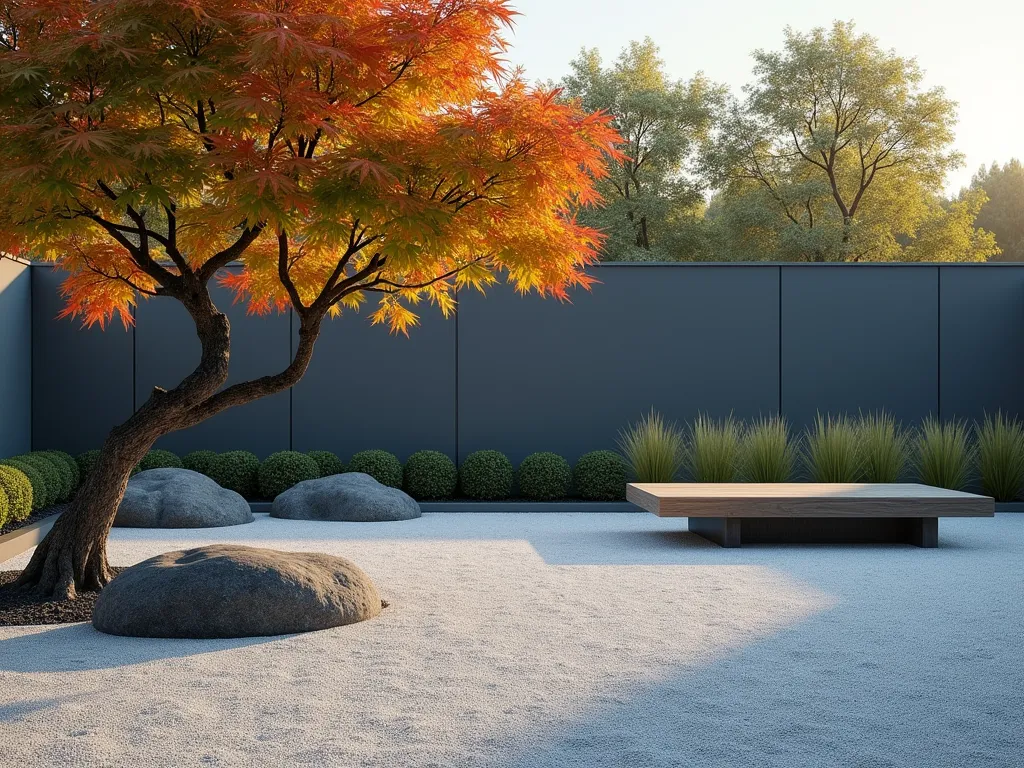 Zen-Inspired Minimalist Pea Gravel Meditation Garden - A serene Japanese-inspired meditation garden with smooth light gray pea gravel as the primary ground cover, featuring a single elegant Japanese maple as a focal point. Clean lines and minimal design elements include three large smooth black granite boulders arranged asymmetrically. A modern low-profile wooden meditation bench sits beneath the maple tree's graceful canopy. Clumps of ornamental grass sway gently in the background. The scene is captured during golden hour, casting gentle shadows across the peaceful space, photorealistic style, 8k resolution, architectural photography.