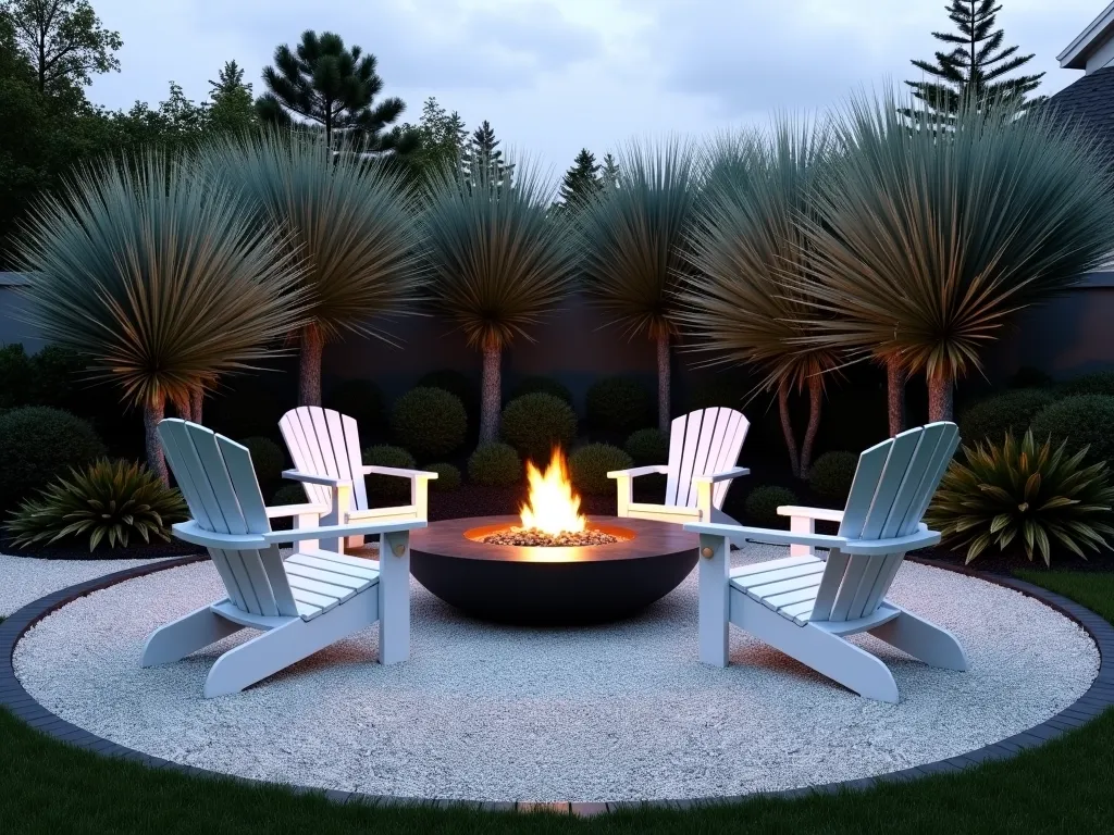 Modern Fire Pit Oasis with Pea Gravel - A sophisticated outdoor living space featuring a sleek circular pea gravel patio centered around a modern black metal fire pit, surrounded by minimalist white Adirondack chairs. Dramatic New Zealand flax plants with their architectural sword-like leaves create bold structural elements against a twilight sky. The light-colored pea gravel creates a pristine, textured surface that catches the warm glow from the fire. Clean lines and contemporary design elements blend seamlessly with natural materials. Soft landscape lighting illuminates the space.