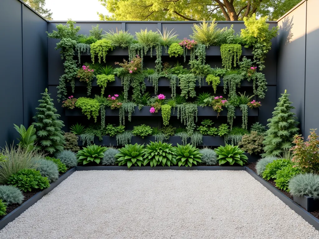 Modern Vertical Garden with Pea Gravel Base - A stunning vertical garden wall with cascading greenery and flowering plants mounted on a contemporary dark gray wall, rising dramatically from a pristine pea gravel base. The gravel area is neatly bordered with steel edging, creating a modern geometric pattern. Multiple tiers of living wall planters showcase a variety of ferns, trailing vines, and colorful perennials. Soft afternoon lighting casts gentle shadows across the gravel surface, highlighting its natural texture. Several tall container towers with Mediterranean herbs and succulents stand at varying heights, creating additional vertical interest. The pea gravel base is a light warm gray color, providing excellent drainage and a clean, minimalist foundation that complements the lush vertical landscaping