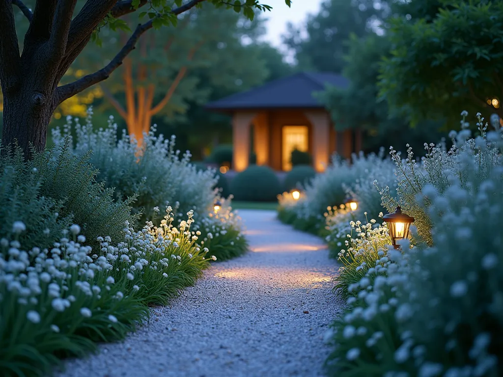 Enchanted Moonlit Pea Gravel Path - A serene garden path at twilight, illuminated by soft moonlight, featuring light-colored pea gravel that sparkles in the evening glow. The winding path is bordered by ethereal white flowering plants like Candytuft and Moon Flowers in full bloom. Artemisia and Dusty Miller's silver foliage creates a luminous border, catching and reflecting the moonlight. Gentle outdoor path lighting casts subtle shadows across the gravel, creating a magical, dreamy atmosphere. Photorealistic, cinematic lighting, mystical garden scene.