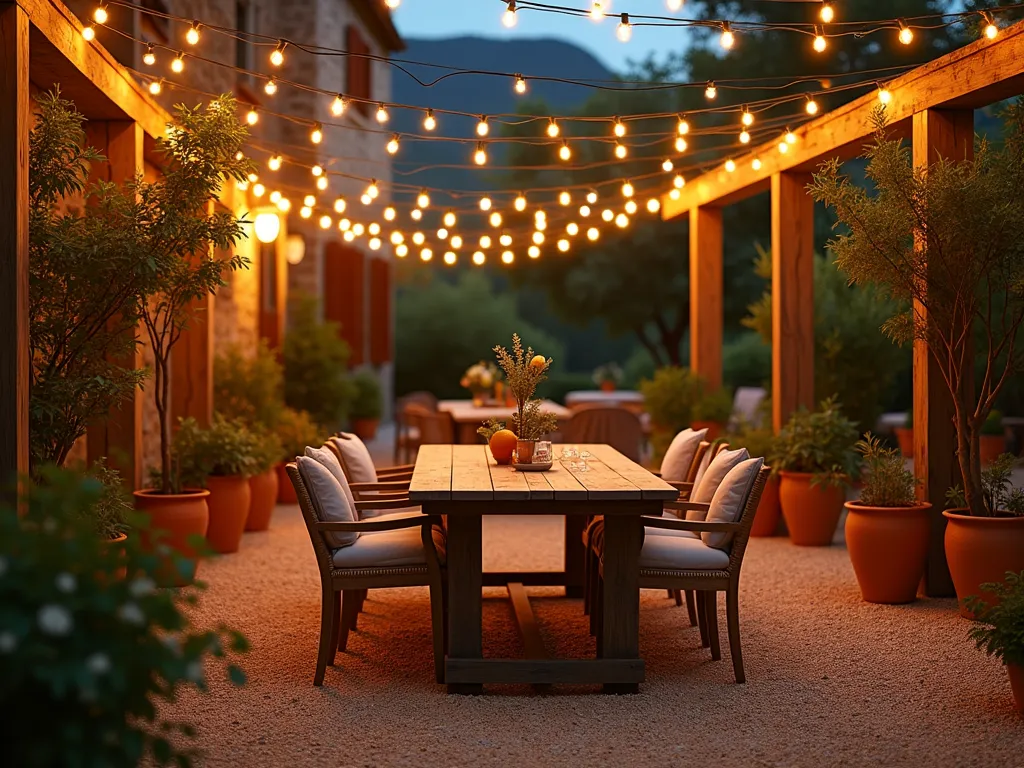 Enchanting Pea Gravel Dining Terrace - A cozy outdoor dining terrace at dusk, set on golden pea gravel surface, featuring a rustic wooden dining table with comfortable chairs. Potted Mediterranean lemon and orange trees border the space, with terracotta planters of rosemary and basil nearby. Warm string lights are draped overhead in elegant swoops between wooden posts, casting a romantic golden glow. The scene has a warm, inviting Mediterranean atmosphere with soft lighting reflecting off the gravel, creating an intimate dining atmosphere. Photorealistic, cinematic lighting, architectural photography style.